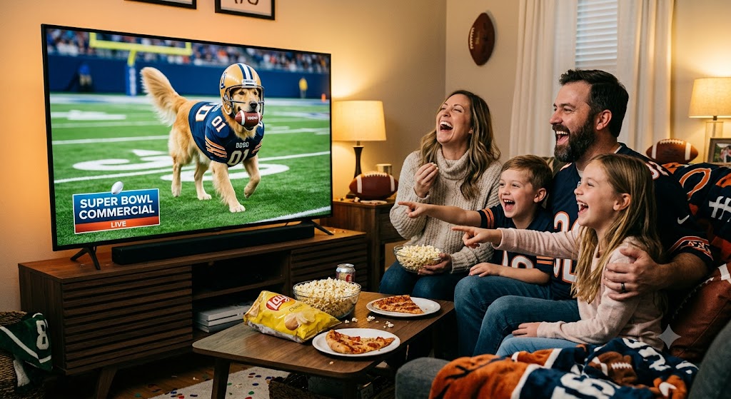 A happy family laughs while eating snacks and watching a Super Bowl commercial featuring a dog in a football uniform on a big-screen TV.
