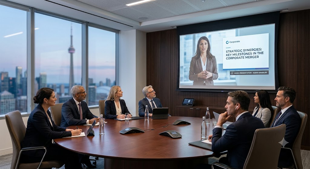 A diverse group of executives in a modern boardroom watch a projection screen showing a business merger presentation, implying they are listening to a professional voiceover.