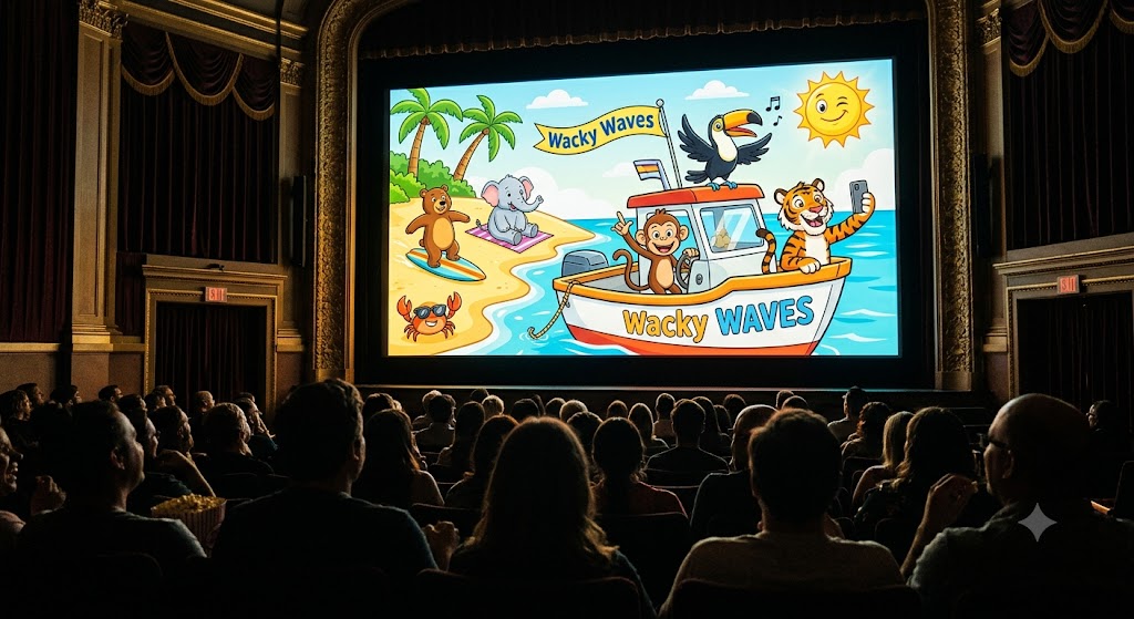 A wide shot inside a dimly lit movie theatre, with the dark silhouettes of the audience watching a colorful cartoon on the main screen of animals on a boat at the beach.