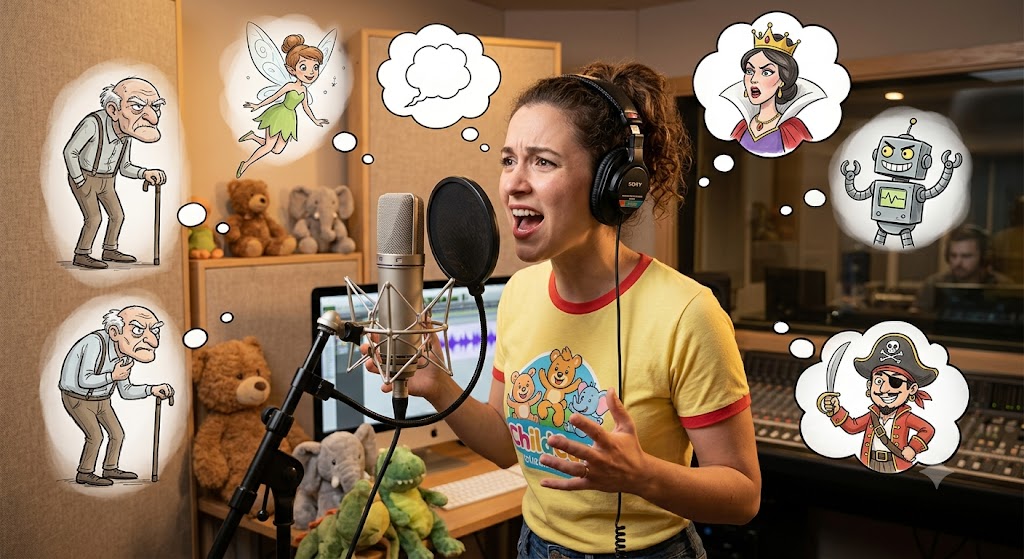 A smiling female voice actor in a booth recording into a microphone, with animated thought bubbles showing different cartoon characters.