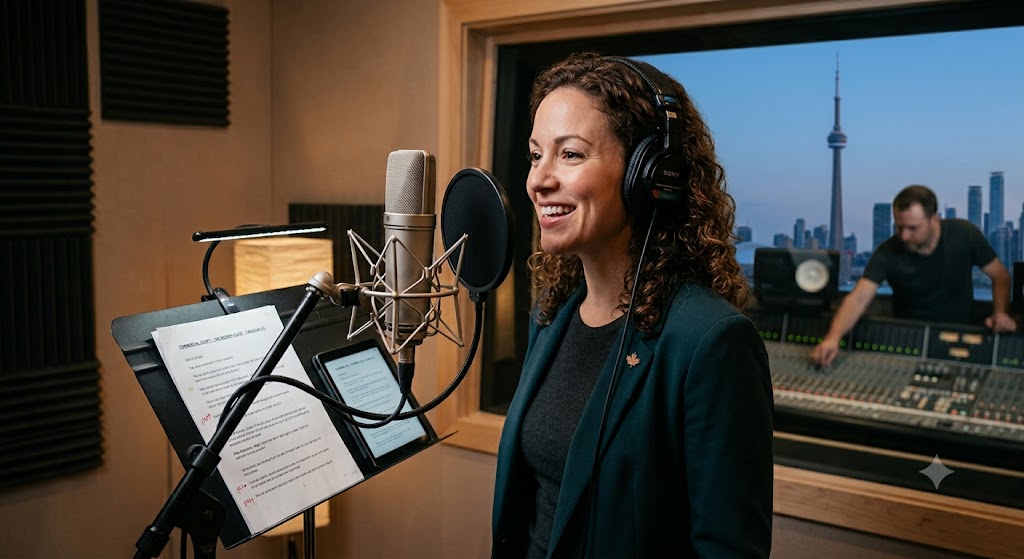 A female voice actor recording a commercial in a Toronto studio with the CN Tower visible through the booth window.