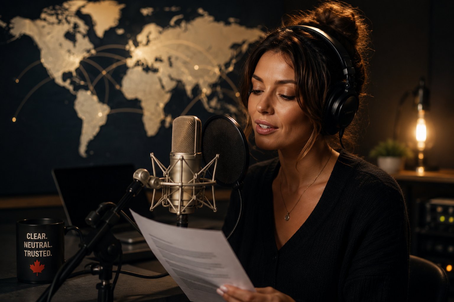 global voice woman Alt Text A Canadian female voice actor records a commercial voice-over in a professional home studio with headphones, microphone, and script for international advertising campaigns.
