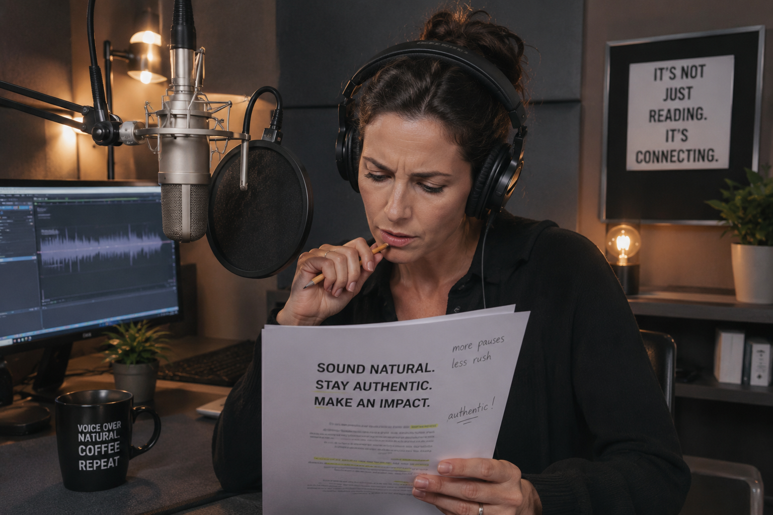Why Conversational Commercial Voice Acting Is Harder Than It Sounds Female voice actor studying a commercial script in a professional recording studio