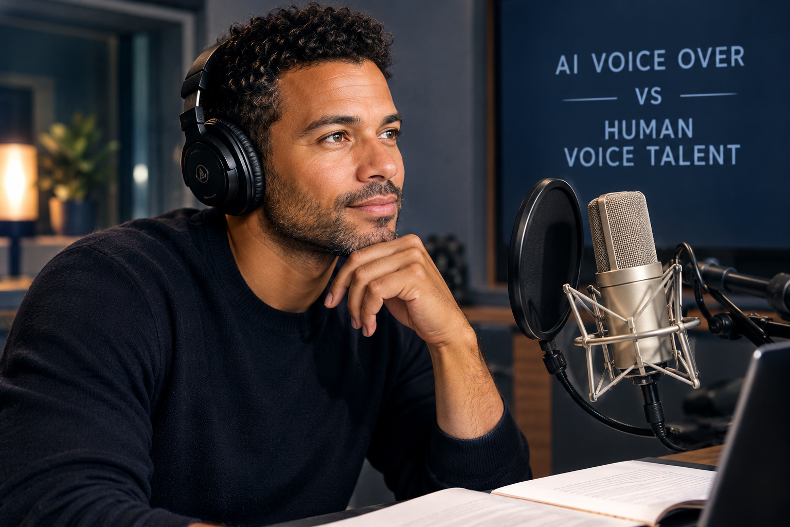 Mixed-race male voice actor wearing headphones in a recording studio speaking into a professional microphone, representing AI voice over vs human voice talent.