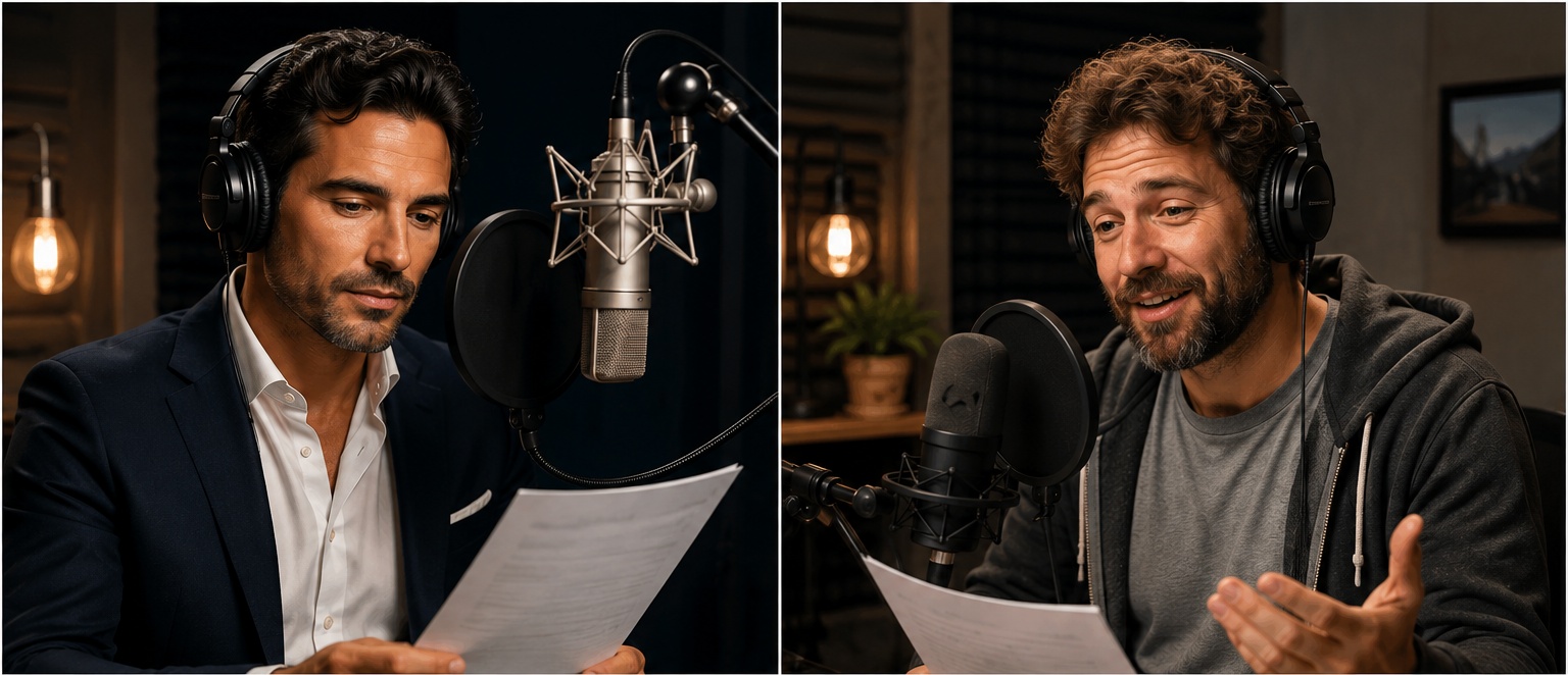 Polished vs. Relatable Voice Over Artists Split image of two voice over artists in recording booths. Left: polished, professional man from Spain or Greece in suit. Right: casual, relatable man in hoodie.